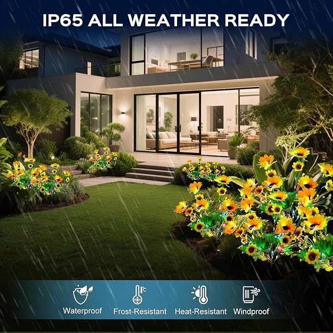 2 Pack Solar Garden Lights Outdoor, Colorful LED Waterproof Solar Powered Sunflowers Landscape Lights for Outside Yard, Patio, Pathway Decorative, Décor, Gifts, Two Lighting Modes