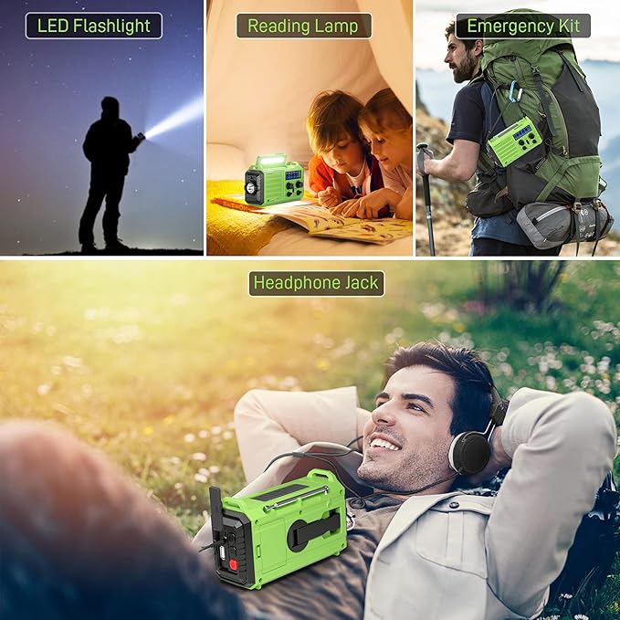Emergency Weather Radio – 18500mWh Portable AM/FM/SW/NOAA Radio with Solar Hand Crank, Rechargeable Battery, USB Charger, LED Flashlight, Reading Light, and SOS Alarm, for Home Outdoor (Green)