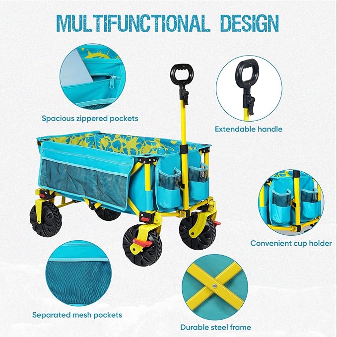 49" L Extra Long Beach Wagon with Tailgate,Big Wheels with Brake for Sand, Collapsible Utility Beach Cart Heavy Duty Folding Wagon,Ideal for Outdoor Sand Camping Garden Pet