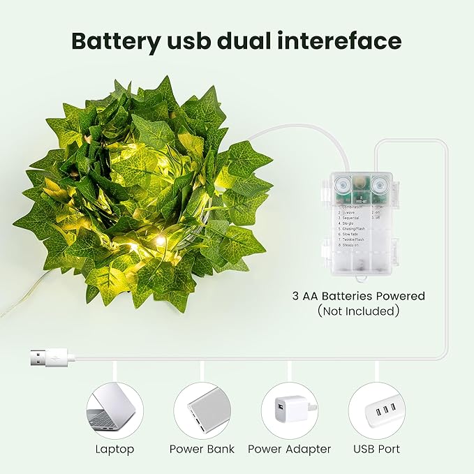 HEYFUNi Vines with Lights, 23 Ft 73 Led Fake Ivy Vines with Fairy Lights USB/Battery Operated, Leaf String Lights for Bedroom, Wall, Balcony, Wedding Decor, Warm White
