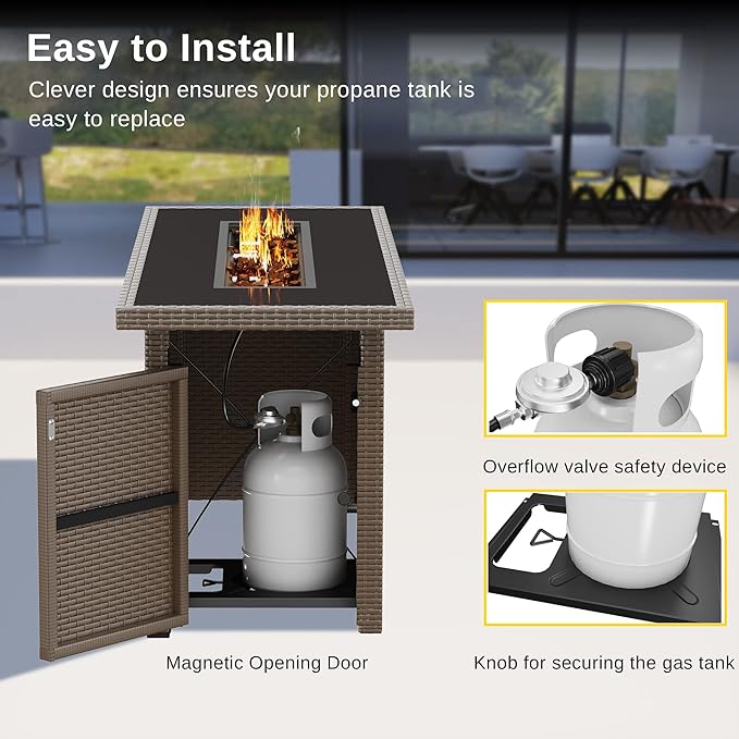 EAST OAK 57" Gas Fire Pit Table, 60,000 BTU Propane Fire Pit w/Large Tempered Glass Desktop, CSA Certified Outdoor Patio Fire Table with 9.2lb Glass Stone & Removable Lid, Chocolaty Coffee