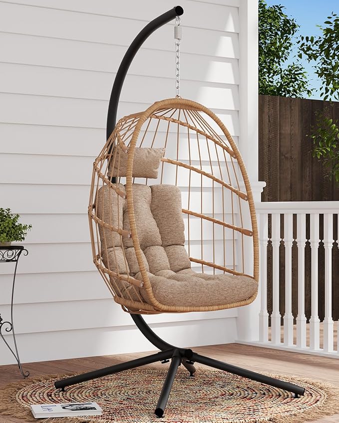 SWITTE Egg Chair Outdoor with Stand, Indoor Wicker Hanging Egg Swing Chair with Cushion, 350lbs Capacity for Patio, Bedroom, Garden - Cream