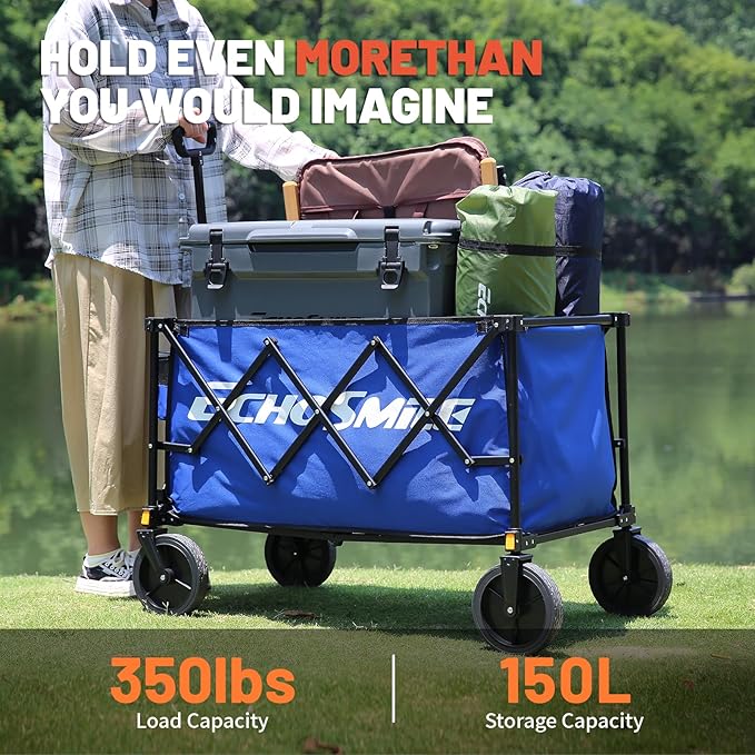 EchoSmile Heavy Duty 350 Lbs Capacity Collapsible Wagon, Outdoor Folding Camping Wagons, Grocery Portable Utility Cart, Adjustable Rolling Carts, All Terrain Sports Wagon with Big Wheels (Dark-Bule)