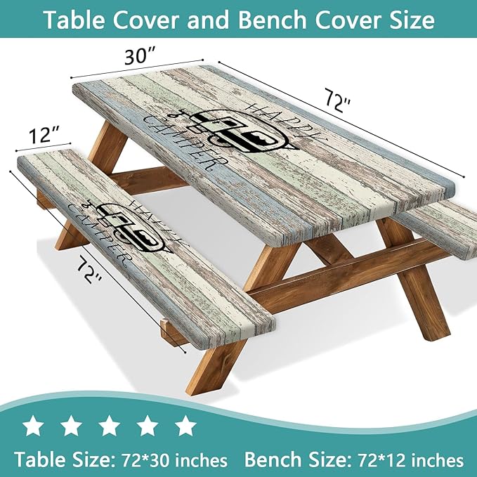 JAWO Picnic Table Covers with Bench Covers Camping Tablecloth 8FT for 8 Person Fitted Picnic Table Cover with Elastic Windproof Waterproof Fabric, Camping Accessories Patio & Outdoor, 3-PCS Set