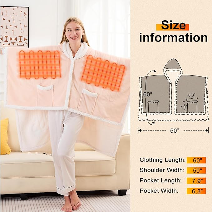 greenoak Wearable Heated Throw Blanket Electric Shawl - Heated Robe Poncho Blanket Hoodie for Adult, Winter Gifts for Mom Women Girlfriend Grandma, Warm Sherpa with Pockets, 5-Position Timer,Pink
