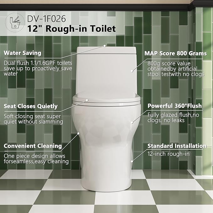 DeerValley DV-1F026-B Elongated One Piece Toilet, Dual Flush 1.1/1.6 GPF Toilet with Comfortable Seat Height, Powerful & Quiet Modern Standard Toilet for Bathroom, 12" Rough-In