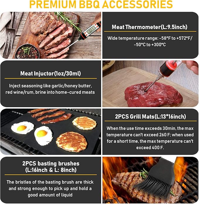 34Pcs Grill Accessories Grilling Gifts for Men, 16 Inches Heavy Duty BBQ Accessories, Stainless Steel BBQ Tools with Thermometer, Grill Mats for Backyard, BBQ Gifts Set for Men Women