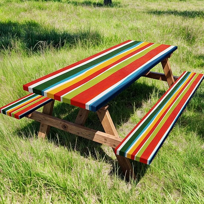 JAWO Picnic Table Covers with Bench Covers Modern Stripe Camping Tablecloth 6FT for 6 Person Fitted Picnic Table Cover with Elastic Windproof Waterproof Fabric, Camping Accessories Patio & Outdoor