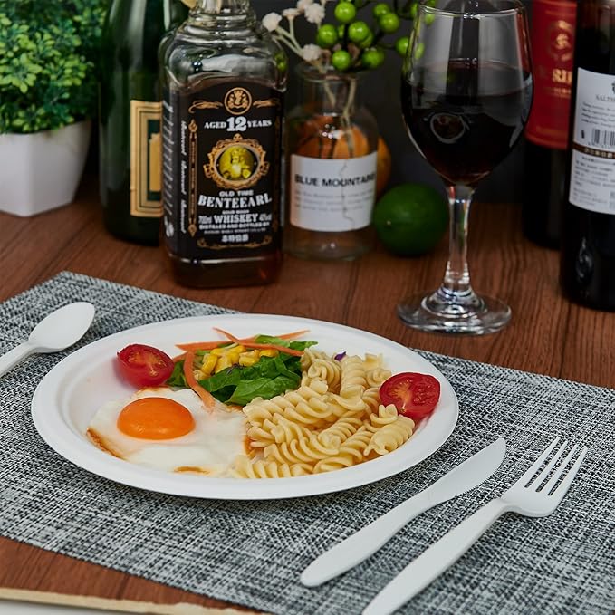 ECOLipak 9 inch 150 Pack Compostable Paper Plates, Heavy Duty Disposable Biodegradable Eco-friendly Sugarcane Bagasse Plates for Party Dinner