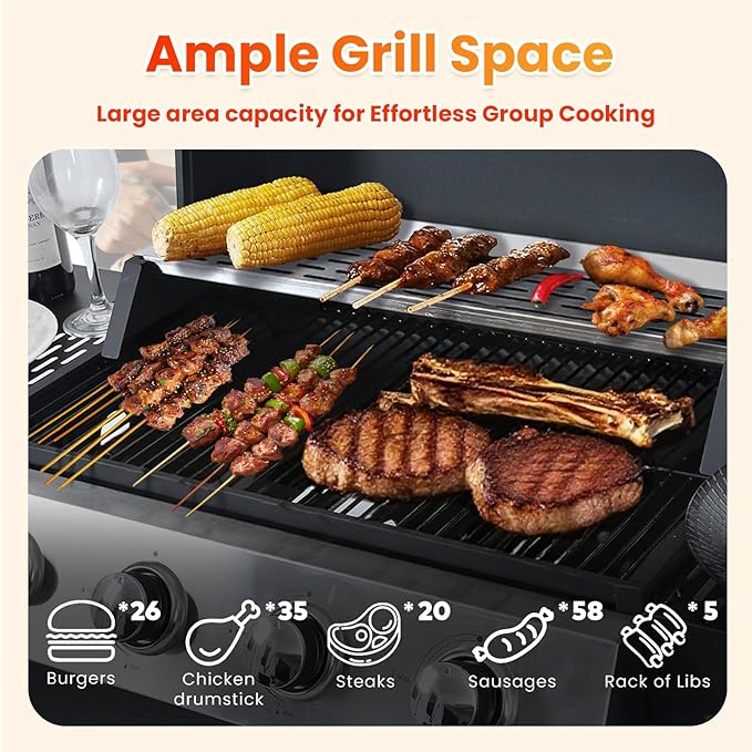 4-Burner Propane Gas BBQ Grill with Side Burner, Porcelain-Enameled Cast Iron Grates and Grills Cover, 51,000 BTU Stainless Steel Grill for Outdoor Camping Barbecue Grilling Backyard Cooking