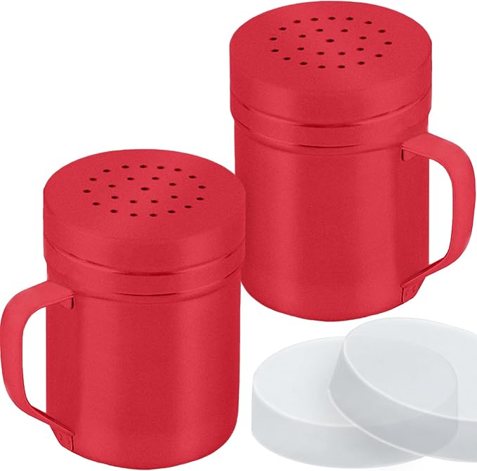 CUSINIUM 6oz Red Stainless Steel Salt Pepper Dredge Shakers - With Plastic Cap - With Handle - Pack of 2
