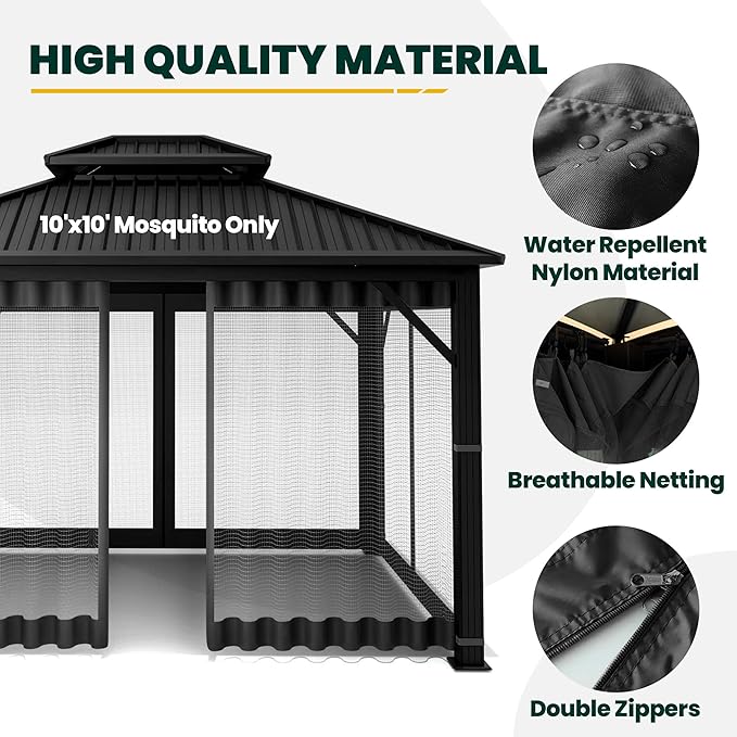 Gazebo Universal Replacement Mosquito Netting, 10' x 10' Outdoor Canopy Net Screen 4-Panel Sidewall Curtain, with Zippers, Easy to Install, Fit for Most Gazebo 10x10 Canopy, Black