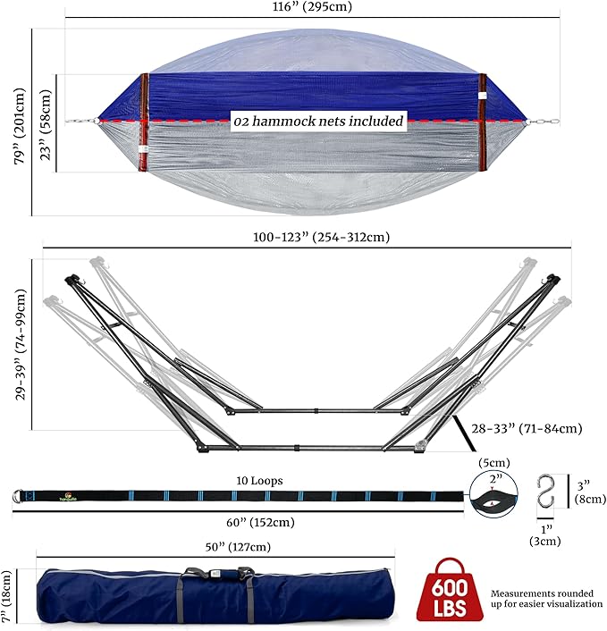 Tranquillo Combo x2 Hammocks with Stand for Outside & Tree Straps, Heavy Duty Hammock with Stand 600lbs for Indoor Outdoor Patio Backyard, x2 Hammocks for 2 Person, Portable Carrying Bags, Blue