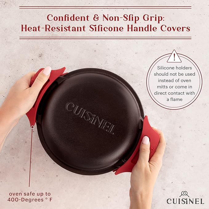 Cuisinel Cast Iron Dutch Oven - 3-Quart Deep Pot - Pre-Seasoned 2-in-1 Multi-Cooker - Combo Lid Doubles as 8"-inch Skillet Frying Pan + Silicone Handle Covers + Scraper - Use for Baking Bread