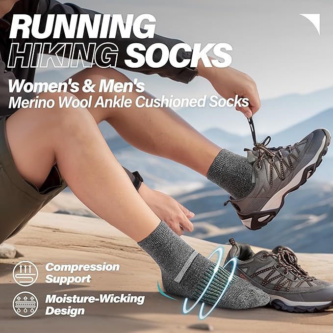 6 Pairs Merino Wool Ankle Running Hiking Socks Compression Support Breathable Thick Cushion No Show Socks for Women Men