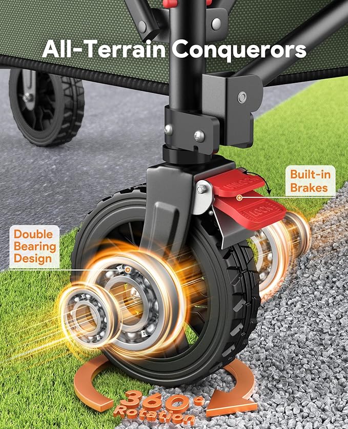 Collapsible Foldable Wagons, 440lbs Weight Capacity Beach Wagon with All-terrain Wheels, Heavy Duty Foldable Wagon, Utility Wagons Carts with Brakes for Camping, Sports, Shopping, Beach, Green & Brown
