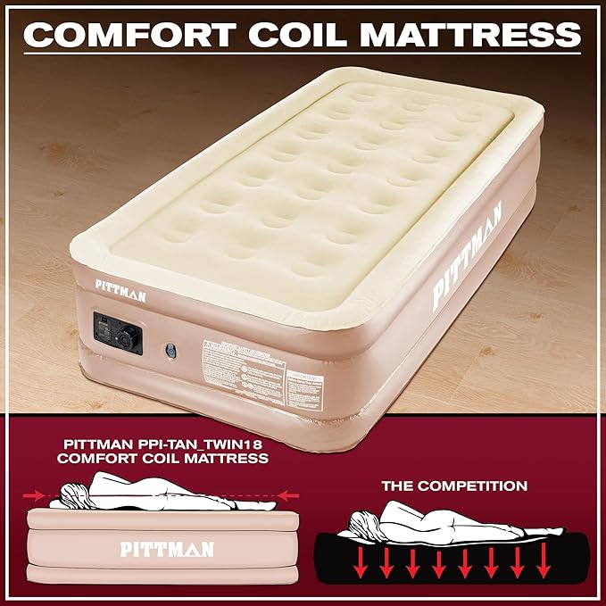 Pittman Outdoors Comfort Series Indoor Air Mattress with Built-in Electrical Air Pump, Twin 18-Inches Tall, Tan