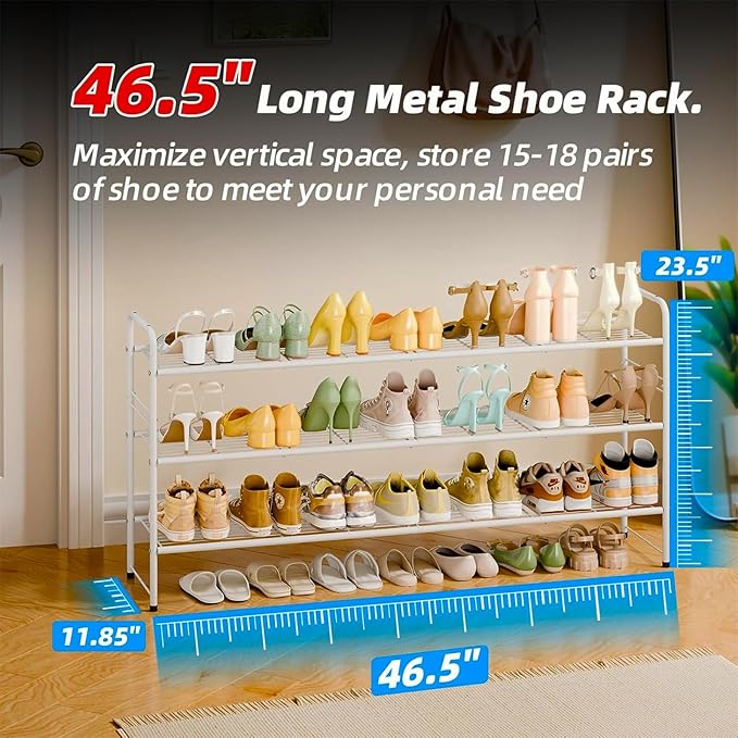 3 Tier Shoe Rack for Closet, 46.5 Inch Extra Long Shoe Storage Organizer for Shelves, Heavy Duty Metal, Easy Assembly, White