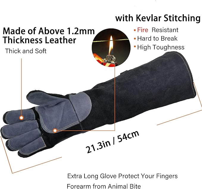 21.3 In Leather Welding Gloves for Animal Handling,Grabbing Reptile, Grooming,Trips to Vet,BBQ,Fireplace.Puncture & Scratch Resistant, Bite Proof for Cat Dog Bird Falcon Livestock Snake M Black