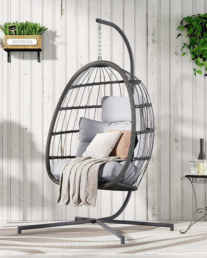 HWB Hanging Egg Chair with Stand, Swing Hammock Chair with Cushion for Indoor Outdoor, Patio Wicker Egg Swing Chair for Balcony Furniture, Light Gray