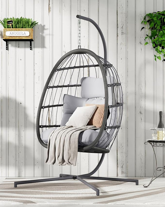 HWB Hanging Egg Chair with Stand, Swing Hammock Chair with Cushion for Indoor Outdoor, Patio Wicker Egg Swing Chair for Balcony Furniture, Light Gray