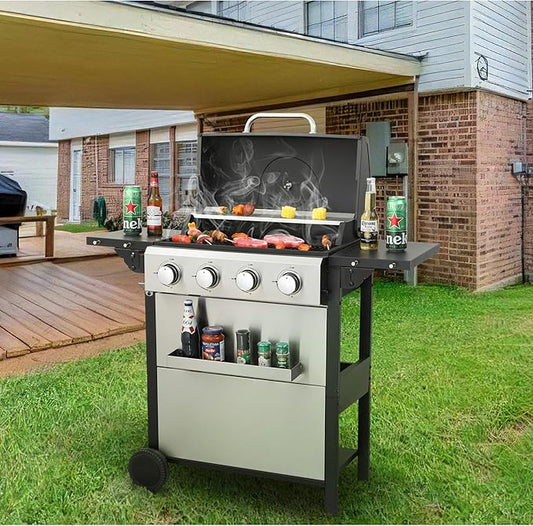 4-Burner Portable Propane Gas Grill with Stainless Steel Plancha Griddle - 34200 BTU Outdoor BBQ Grill with Foldable Side Shelves, Enamel Cooking Grids & Tool Hanging Basket