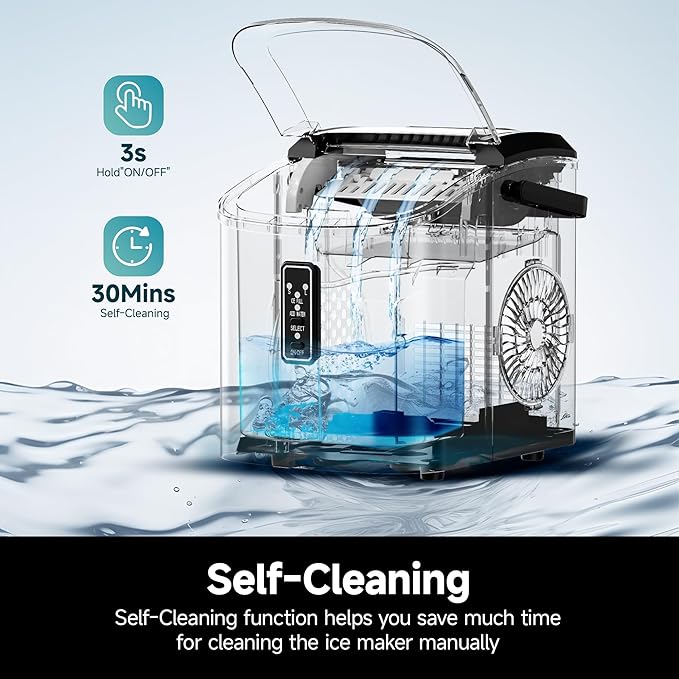 EUHOMY Ice Maker Countertop, 9 Cubes Ready in 6 Mins, 26lbs/24H, Self-Cleaning, Portable Ice Maker Machine with Carry Handle, Basket and Scoop, 2 Sizes of Bullet Ice for Home, Kitchen, Office