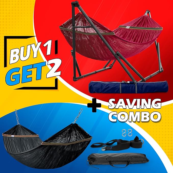 Tranquillo Combo x2 Hammocks with Stand for Outside & Tree Straps, Heavy Duty Hammock with Stand 600lbs for Indoor Outdoor Patio Backyard, x2 Hammocks for 2 Person, Portable Carrying Bags, Red