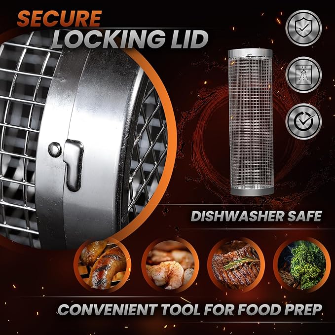 2PCS Rolling Grill Baskets for Outdoor Grill, Big Green Egg Accessories-Set Includes Fork, Hook, and Oil Brush-304g Stainless Steel-Perfect Gifts for Dad, Camping Must Haves, Unique Outdoor Gifts