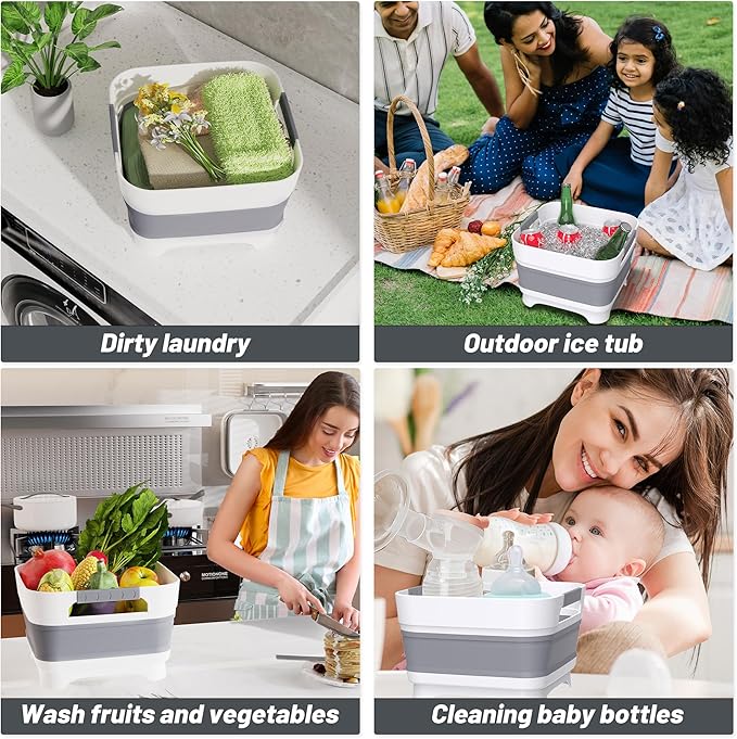 Collapsible Dish Basin with Drain Plug, 9L(2.4Gal) Capacity, Space Saving Portable Sink for Baby bottle, Kitchen, Camping& RV, Gray