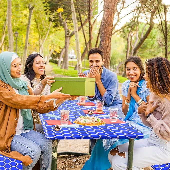 3 Pcs Set Fitted Picnic Table Cover with Bench Covers Vinyl Camping Table Cloth Flannel Backing Picnic Table Cloth for 6ft Tables Camping Outdoor (Blue Morocco, 30 x 72 Inches)