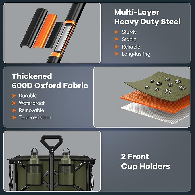 220L Collapsible Wagon Cart Foldable, 460LB Load Capacity Heavy Duty Folding Beach Wagons with Big All-Terrain Wheels, Utility Carts for Groceries, Shopping, Camping, Sports - Green