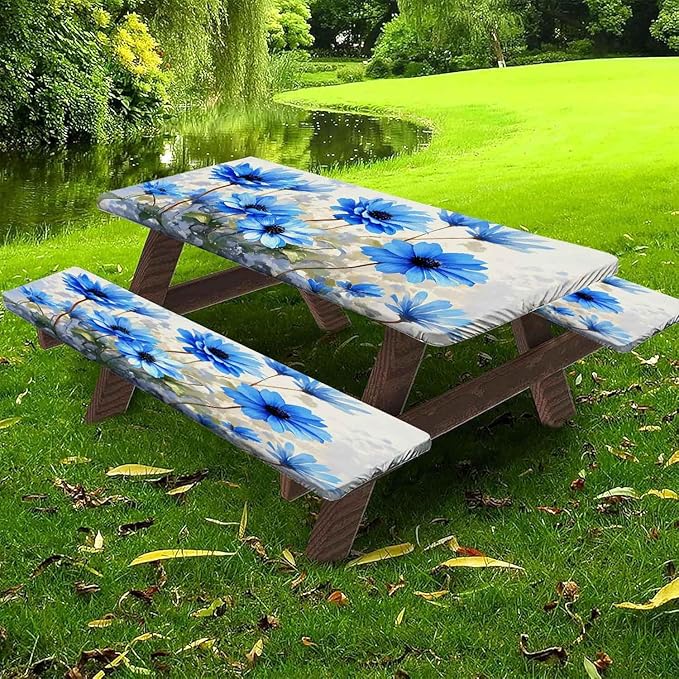 CAPSCEOLL Fitted Picnic Table Cover with Bench Covers with Elastic 8Ft Waterproof Camping Picnic Table Cover Cloths for Outdoors Camping Tablecloth with Drawstring Bag, 96X30in, Blue Flowers