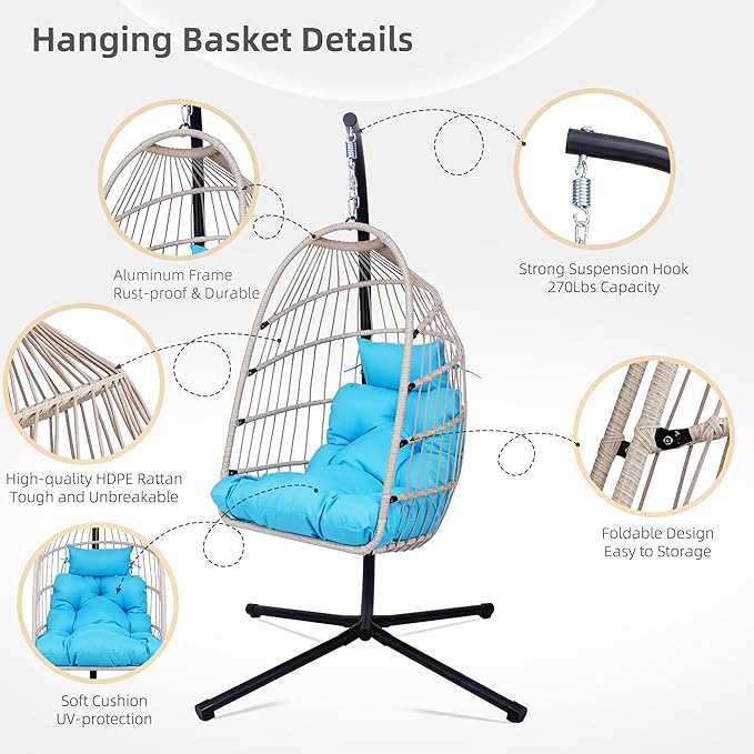 Foldable Hanging Egg Chair with Stand, HDPE Rattan and Heavy Duty Aluminum-Steel Frame, Outdoor Patio Wicker Swing Egg Chair with Headrest and Cushioned, 350 Lbs Capacity (Blue)