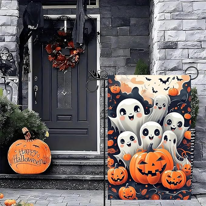 Halloween Garden Flag for Outside 12x18 Inch Double Sided, Ghost Pumpkin Small Yard Flags for Outside, Outdoor Welcome Flag Front Porch Decorations for Home