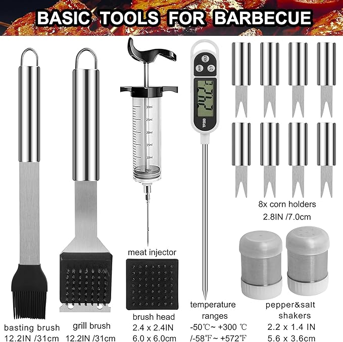 Grilljoy 24PCS BBQ Grill Tools Set with Meat Thermometer and Injector - Extra Thick Stainless Steel Fork, Spatula& Tongs - Complete BBQ Accessories in Aluminum Case - Perfect Grill Gifts for Men