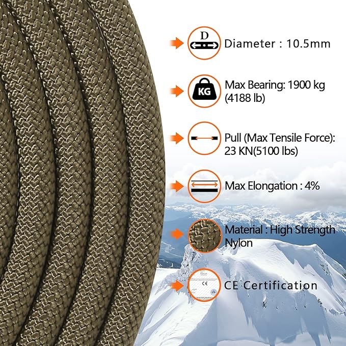 AOLEBA 10.5 mm Static Climbing Rope 10M(32ft) 20M(64ft) 30M(96ft) 50M(160ft) 70M(230ft) Outdoor Rock Climbing Rope, Escape Rope Ice Climbing Equipment Fire Rescue Parachute Rope