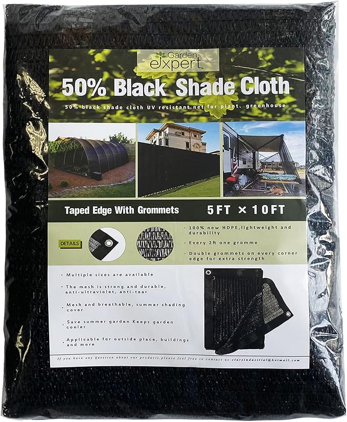 Garden expert 50% Black Shade Cloth 10x20FT Taped Edge with Grommets Sun Net Mesh for Garden Patio Backyard UV-Resistant