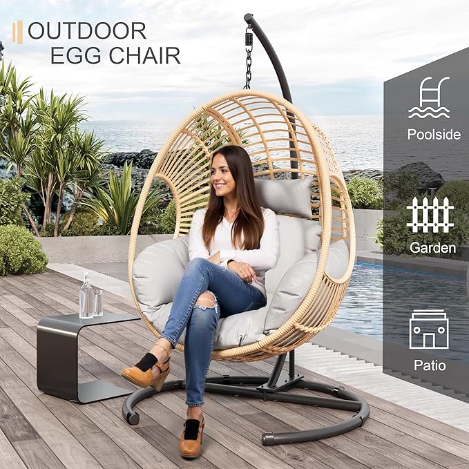 Oversized Hanging Egg Chair Set of 2 Outdoor Indoor, Wicker Swing Egg Chair with Stand 400lbs Capacity for Bedroom, Patio, Garden and Balcony