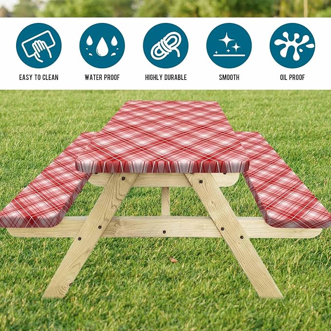 DYNH 3 Pcs Picnic Table Cover with Bench Covers, 8ft Waterproof Reusable Elastic Fitted Rectangle Picnic Table Cloths,30x96IN Red Plaid Picnic Tablecloth for Camping Patio Travel Outdoor