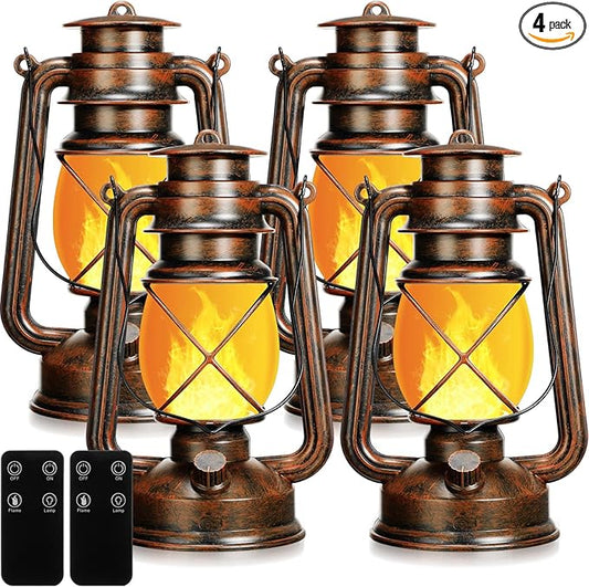 Retisee Vintage LED Lantern Battery Powered Camping Lamp Indoor Outdoor Hanging Lantern Flickering Fire Lamps with Remote Control for Patio Yard Door Front Decor(4 Pcs)