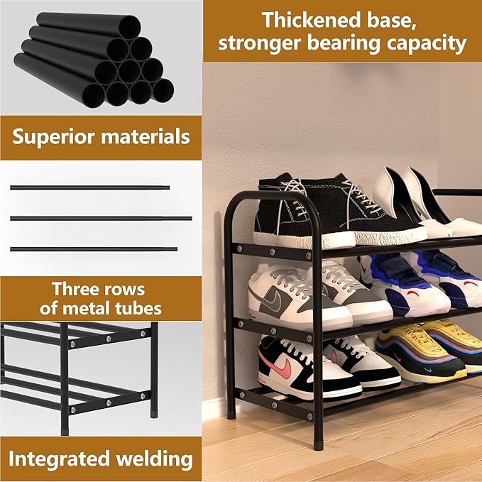 3-Tier Expandable Shoe Rack for Closet, Shoe Organizer,17”-31” Adjustable Shoe Rack,Suitable for Small Spaces,Small Front Door Wardrobe Shoe Stand,Sturdy Metal,Black