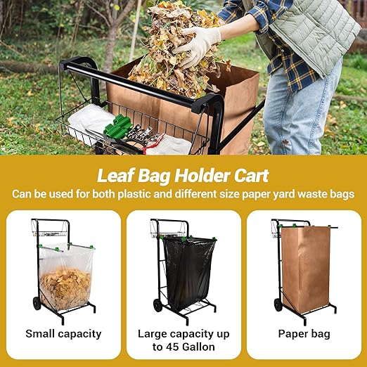 CAROD Upgraded Trash Bag Holder Cart with Storage Basket and Ergonomic Handle, Adjustable Outdoor Leaf Bag Holder from 30-45 Gallon Capacity, Ideal for Yard Clean-Up, Camping, Parties,Leaf Collection
