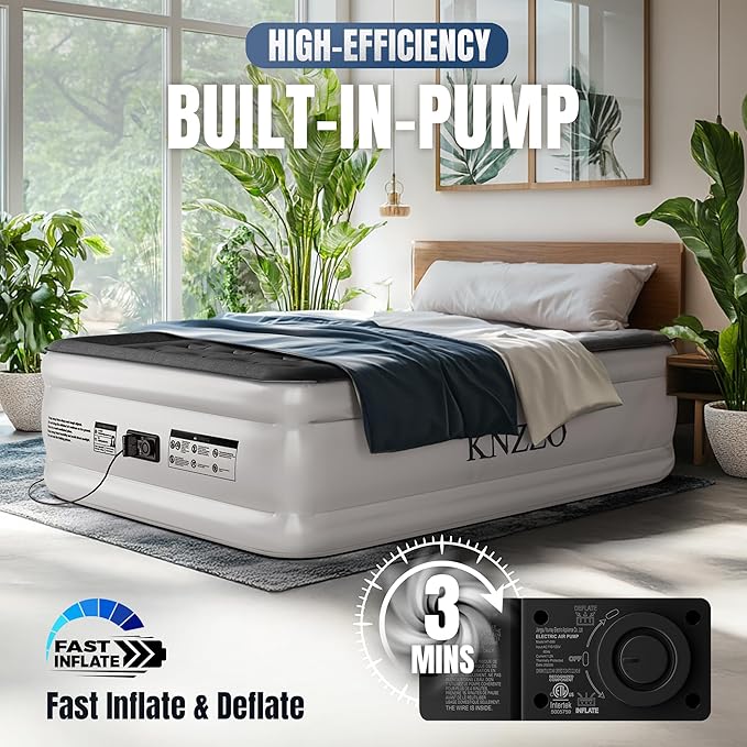 Full Air Mattress with Built-in Pump, 18" Top Inflatable Mattress with Waterproof Flocking Fabric, Three-Minute Quick-Inflatable Bed. Portable Blow Up Mattress for Home, Outdoor and Guests