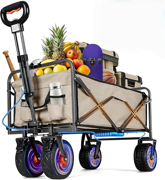 Electric Collapsible Garden Wagon Cart with Wheel,Rolling Foldable Metal Utility Wagon Carts,100w Power and 300lb Capacity, Portable for Camping,Sports,Shopping,Groceries,Laundry