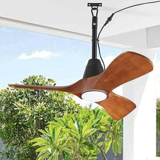 3 Blades Wood Outdoor Ceiling Fan with Light for Patios, Farmhouse Rustic Ceiling Fans with Lights, 34" Plug-In Wet Rated Outdoor Gazebo Fan with Light for Exterior House Porch Patio, Waterproof, F245