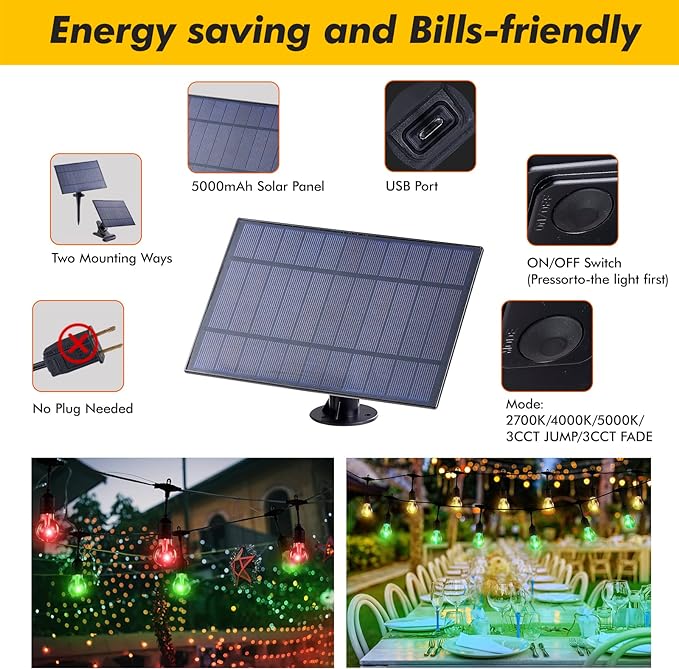 Auroraworld RGB Solar String Lights, 35FT Dimmable Patio String Lights Remote for Cafe