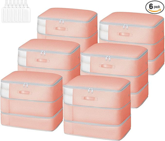 Comforter Storage Bag - Large Capacity Blanket Storage Bags 3-Layer Ultra Space Saving Self Compression Organizer, Washable Compression Bags for Storage Comforter Blanket, 6-Pack, Pink