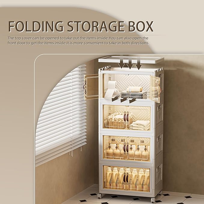 180 QT / 45 Gal Stackable Storage Bins (1 Lid) w/Wheels & Magnetic Doors, Collapsible Plastic Organizer Cabinet for Closet Office Garage - White Storage Containers