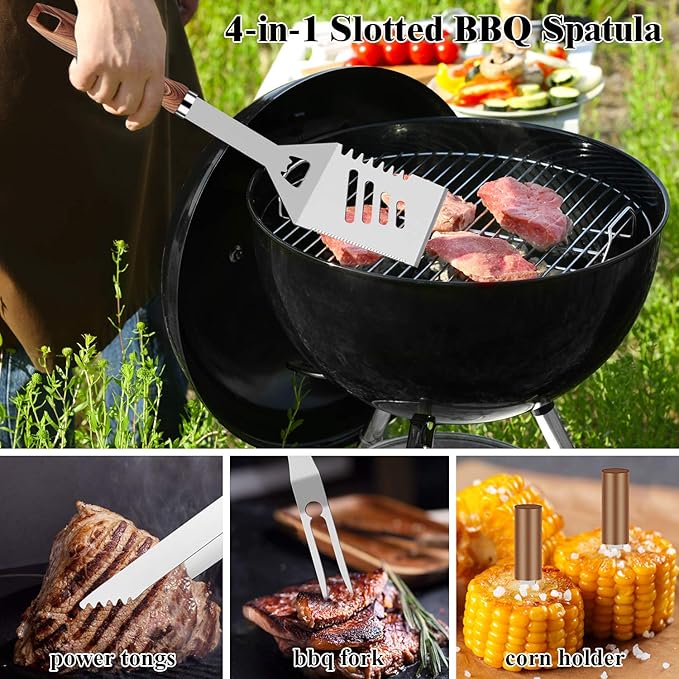 ROMANTICIST 27pcs Heavy Duty Grilling Gifts for Men Dad Fathers Day, Extra Thick BBQ Accessories Tools Set, Stainless Steel Grill Utensils Kit with Meat Claws, Carrying Bag for Outdoor Camping Brown